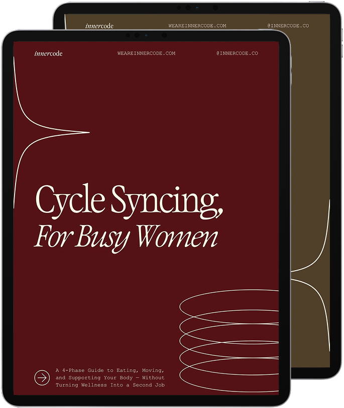 Two digital guide covers displayed on tablet screens, with the front cover reading 'Cycle Syncing, For Busy Women' on a dark red background and a second cover behind it in dark brown.