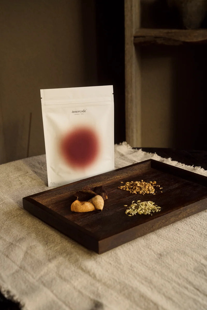 Flow. Menstrual Blend for cramps, bloating, and circulation. Ginger · Fennel · Aged Mandarin Peel.