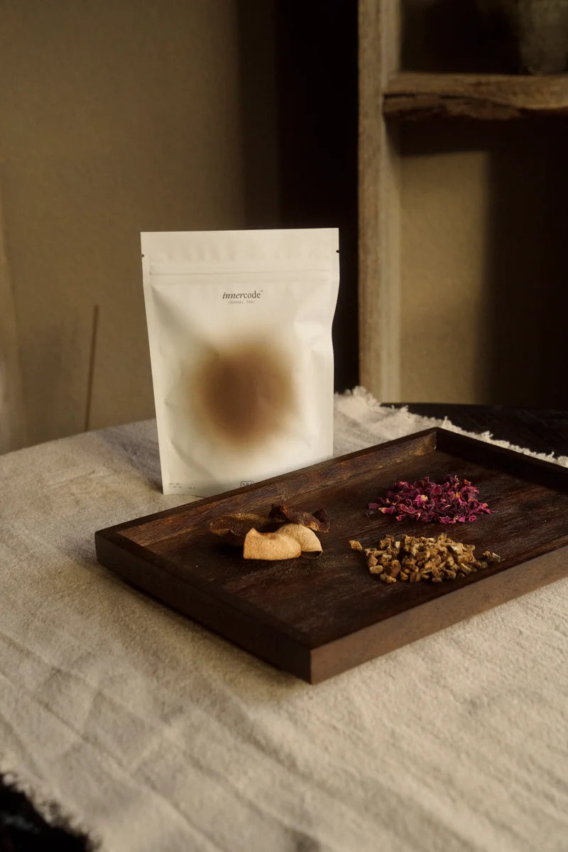 Ground. Luteal Blend. For bloating and mood support. Aged Mandarin Peel · Burdock Root · Rose Petals. 