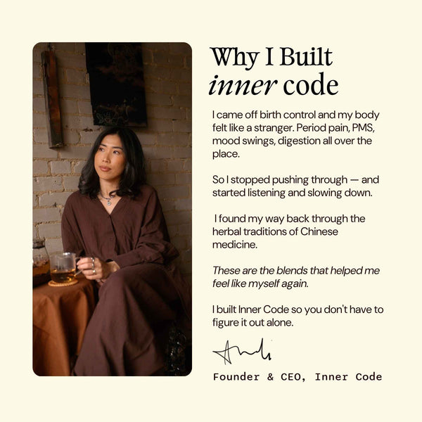 A text-heavy promotional graphic with the headline 'Why I Built inner code' and several paragraphs of copy, alongside a photo of a woman seated indoors on the left. The layout is on a warm cream background, and 'Founder & CEO, Inner Code' appears at the bottom.