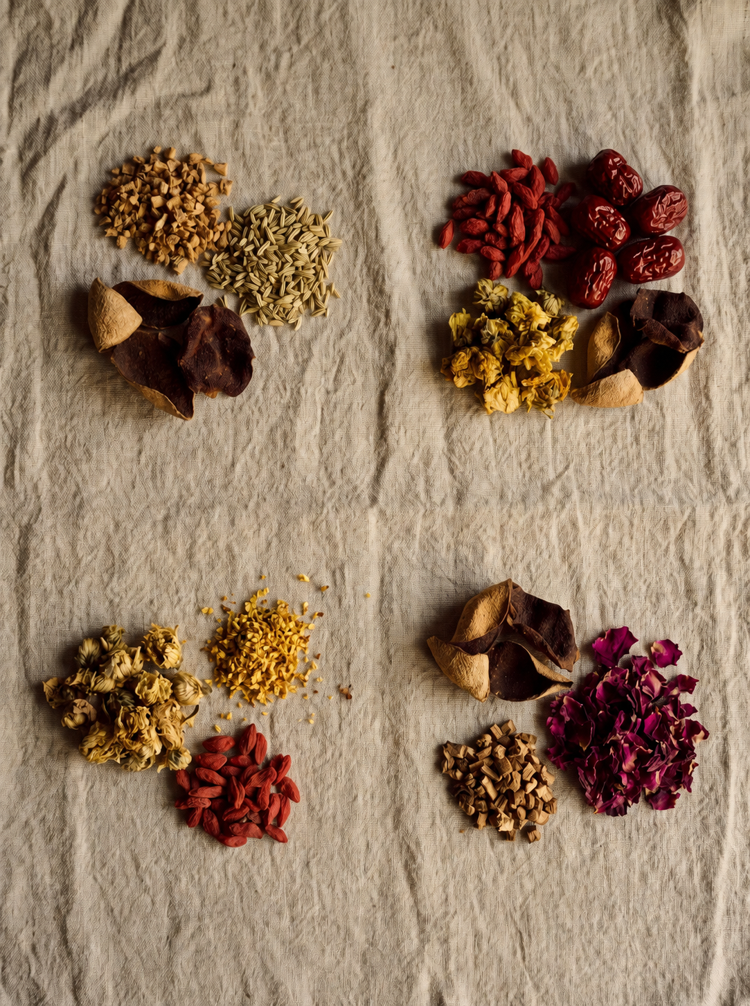 Functional Botanicals for Every Phase. Four small piles of dried herbal or botanical ingredients arranged on a textured beige fabric background, including red dried berries, yellow dried flowers, brown pods, and tan seeds.